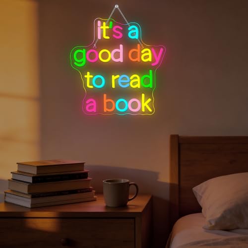 Image of Book Neon Sign for Classroom, Bedroom Reading Wall Sign LED Neon Light for Book Lovers USB Powered Dimmable Reading Nook Decor with Colorful Glow It's a Good Day to Read a Book