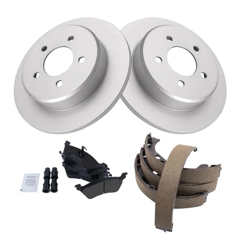 Image of TRQ Rear Brake Pad and Rotor Set Semi Metallic Coated Rotors Parking Shoe Compatible with 2001-2007 Chrysler Town & Country Dodge Caravan Grand Caravan