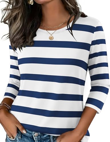 Zeagoo Summer Tops 2026 Trendy 3/4 Sleeve Work Blouses Dressy Casual Going Out Top Blue Stripes Tunic Shirts Trendy Women Clothing