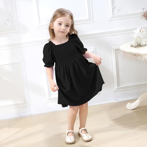 Neutocd Toddler Baby Girl Dress Ruffle Short Sleeve Elastic Solid Square Neck Flared Plain Casual Summer Dresses for Girls2
