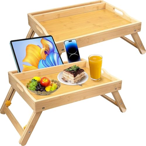 2 Stück Bambus Betttisch mit klappbaren Beinen & Griffen, Frühstückstablett mit Handy Tablet Halter, Faltbarer Holz Betttisch für Sofa Bett Servieren Essen Zeichnen Arbeiten Laptop