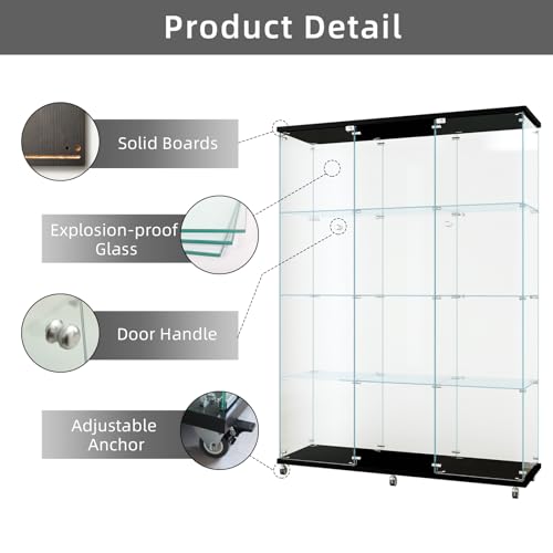 LFT HUIMEI2Y Glass Display Cabinet 12 Shelves with 3 Columns 2 Doors and Lock, Extra Large DIY Curio Cabinets Quick-Install Style Tempered Glass Bookshelf for Living Room, Bedroom, Black