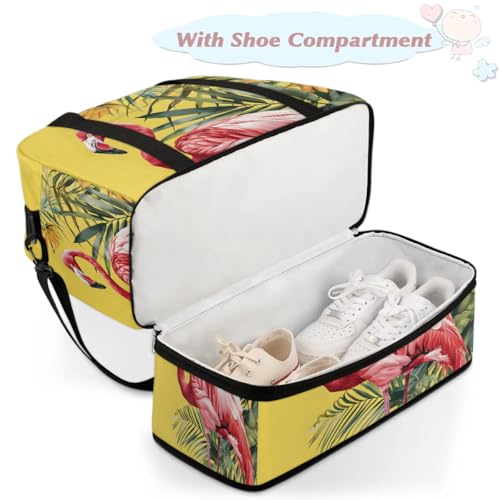 Travel Duffel Bags Flamingo Palm Leaf Foldable Weekender Bags for Women with Shoes Compartment Waterproof & Tear Resistant Carry on Overnight Luggage Duffel Bag Shoulder Sports Tote Bag,A-7684