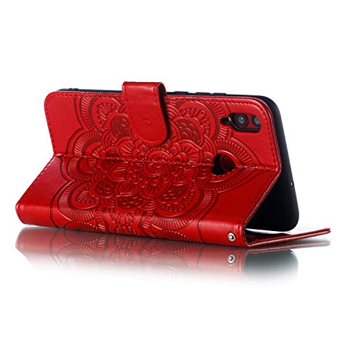 MRSTER Flip Case for Honor 8X PU Leather Wallet Closure Embossed Shockproof Cover with Kickstand Card Slots Holder for Huawei Honor 8X. LD Mandala Red - Image 4