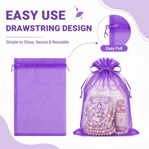 Image of FUNFERY 100PCS Purple Organza Gift Bags 5x7in,Drawstring Pouch for Jewelry