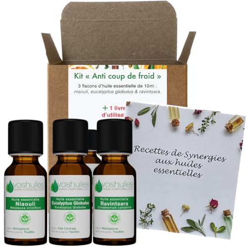 VOSHUILES - Kit Hiver Anti Coup de Froid - 3 Huiles Essentielles Bio - 100% Pure et Naturelle - HEBBD, Ecocert - Eucalyptus Globulus, Niaouli, Ravintsara -...