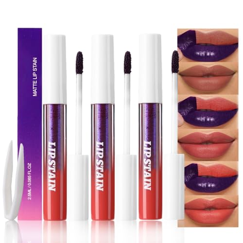Image of evpct 3Pcs Nude Brown Brownish Red & Orange Red Peel Off Lip Stain Tints, Matte Liquid Lipstick Lip Stain Long Lasting Waterproof for Women, Longwear Lipstick Peel Off Highly Pigmented Easy to Apply