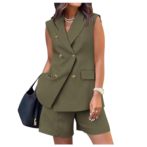 Women Summer 2 Piece Outfits Casual Sleeveless Blazer Vest Shorts Sets Double Breasted V Neck Office 2 Piece Set