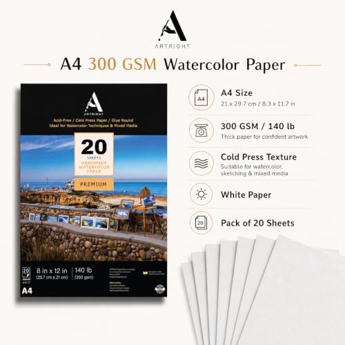 Image of ArtRight Artists' Watercolor Paper A4 300 GSM - 20 Sheets of Handmade Rough Grain Water Colour Papers for Watercolour, Acrylic, Gouache, Ink & Mixed Media
