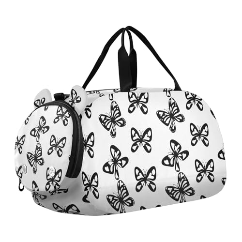 Butterfly Heart Shape White Kids Travel Duffel Bag for Boys Girls Overnight Weekend Tote Bag with Shoes Compartment for Beach Swim Trip