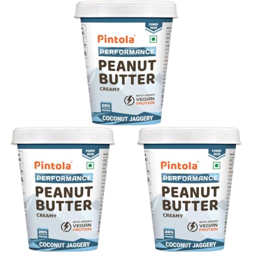Image of Pintola Plant Protein Peanut Butter Coconut Jaggery Creamy 1kg, 28% High Protein, 7g Fiber, Vegan Protein, Gluten Free, Zero Trans Fat, Nut Butter, Bread Snacks (Pack of 3)