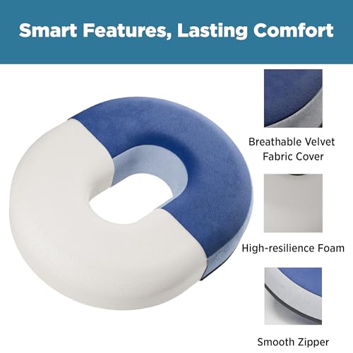 Image of ComfyHug Donut Pillow - Orthopedic High-Resilience Foam Hollow Centered Ring Seat Cushion for Piles, Hemorrhoids, Tailbone & Sciatica Pain | for Office Chair, Car & Wheelchair | Washable Cover