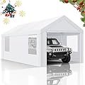COBIZI Carports 10x20 Heavy Duty Car Canopy with Roll-Up Ventilation Windows & Doors, Removable Sidewalls Portable Carport Canopy Waterproof with Built-in Sandbags for Cars, Boats, Trucks, White