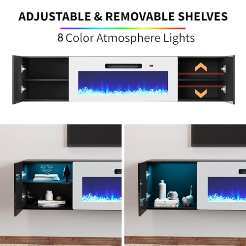 Image of AMERLIFE Floating TV Stand with 36 inch Electric Fireplace, High Gloss Finish Wall Mounted Fireplace Entertainment Center with Storage for TVs Up to 78 inch, Black /White
