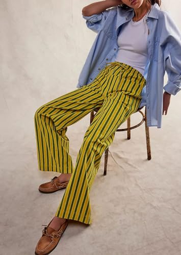 chouyatou Women's Vertical Striped Wide Leg Pants Drawstring Elastic Waist Palazzo Pants with Pockets3