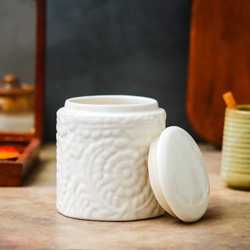 Image of Ceramic Storage Jar for Kitchen 800 ml | Ceramic Container for Tea, Coffee, Sugar & Spices | Airtight Pickle /Barni Jars with Lid | Multipurpose Countertop Food Storage Canister for Home | White