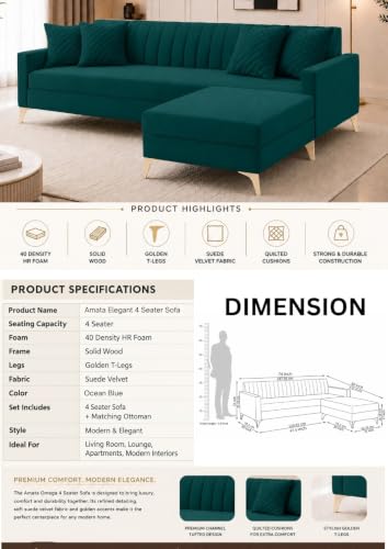 Image of AMATA Falcon ele 4 Seater Fabric Suede Velvet Ocean Blue Colour Sofa Set with Four Cushions Perfect for Home Office Guests Living Room (Falcon Ocean Blue 01, Falcon 4 Seater l Shape)(3 Year Warranty)