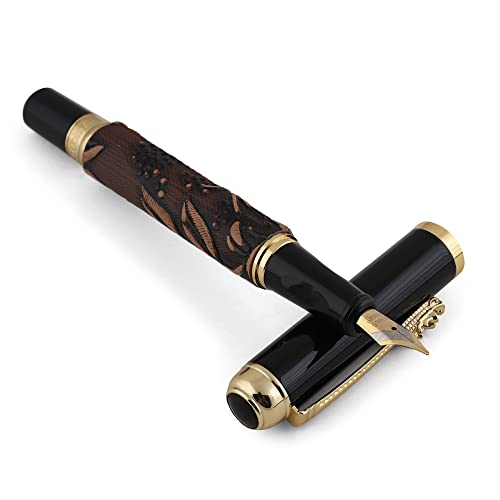 Image of 20319 Dikawen 891 Brown Grape Embossed Pattern With Golden Dragon Clip Metal Fountain Pen, Fine Nib, Include Ink Converter & Luxury Gift Box, Pen for Men & Women.