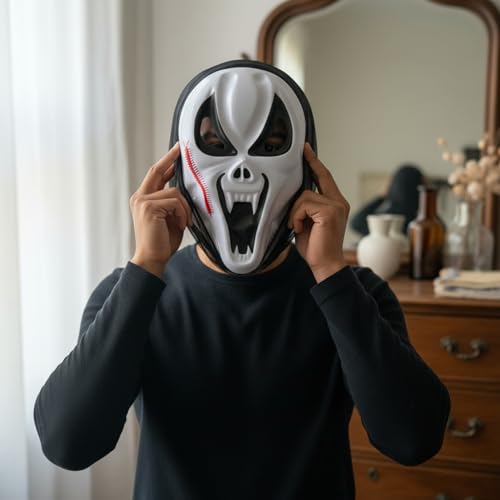 Image of eCraftIndia Plastic Skeleton Ghost Red Patch Mask for Adult & Kids | Holi Fancy Dress Costume Accessory | Free Size