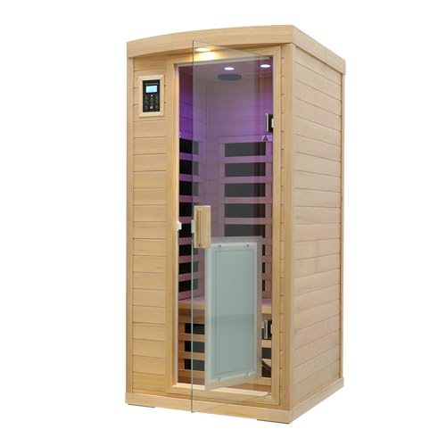 LTCCDSS 1 Person Ultra Low EMF (0-1mG) Infrared Sauna, 1460W with 8 Heaters, 2*Reading Lamps, Outdoor Lamps, Bluetooth Speakers and 3 Chromotherapy Lamps Hemlock Indoor Sauna
