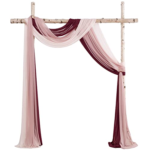 Floroom Wedding Arch Draping Fabric 3 Panels 20Ft Chiffon Fabric Drapes Arbor Drapery Wedding Ceremony Reception Swag Decorations (Burgundy +Dusty Rose +Blush)