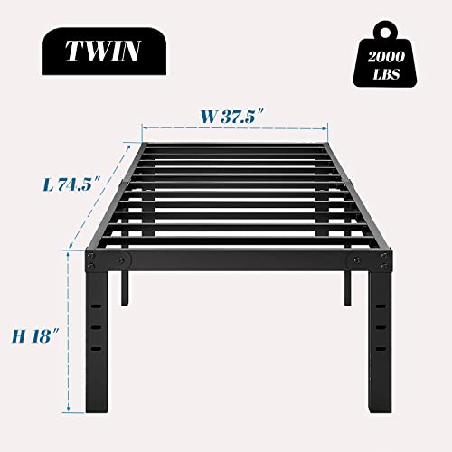 Heavy Duty Twin Size Bed Frame 18 "High Metal Platform Bed Sturdy Steel Slat Mattress Base,with Bed Bottom Storage Space,No Box Spring Needed,Quick Installation,Non-Slip Noiseless