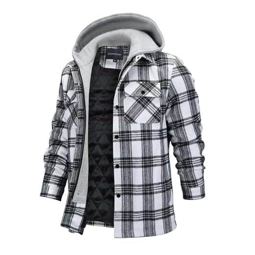 FTIMILD Jaqueta masculina xadrez, acolchoada, de flanela, sherpa, abotoada, com capuz, para homens, Branco, M