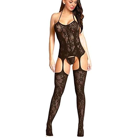Buitifo Womens Fishnet Bodystocking Plus Size Crotchless Bodysuit Sexy Tights Soft Nightwear Lingerie for Women (BlackGB,M) Cover