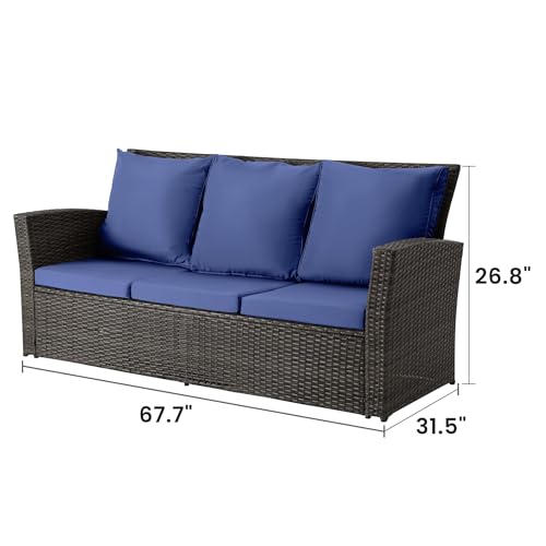 Wisteria Lane All Weather Wicker Patio Couch, 3 Seats Patio Sofa with Thick Cushions, Outdoor Furniture Couch with High Back, Outdoor Patio Sofa for Garden, Backyard, Porch, Blue