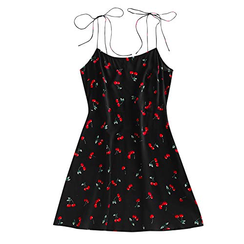 ZAFUL Women's Cherry Print Tie Shoulder Sleeveless Flare Beach Cami Mini Dress (A-Black, M)