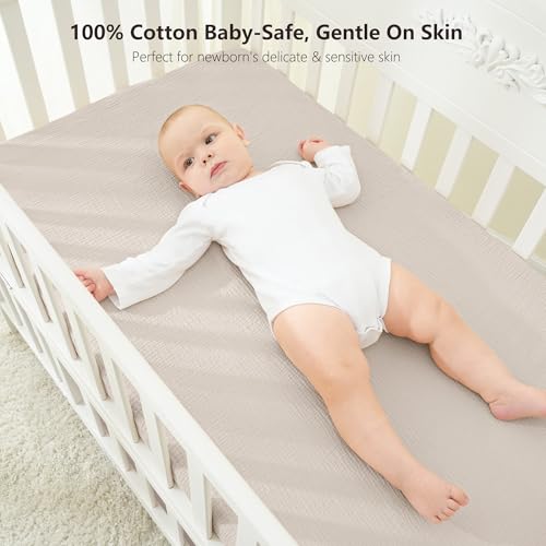 Image of Bearmoss Muslin Mini Crib Sheets for Pack N Play Mattress - 100% Cotton - 38 inchx26 inch Soft Breathable Playard Baby Crib Sheets Neutral for Boys Girls - 2 Pack (White Star)