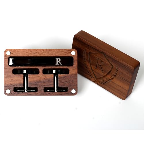 Image of Mens Initial Cufflinks and Tie Clip A-Z Alphabet Letter Black Stainless Cuff Links Tie Bar with Engraved Walnut Wood Box Groom Groomsman Wedding Set