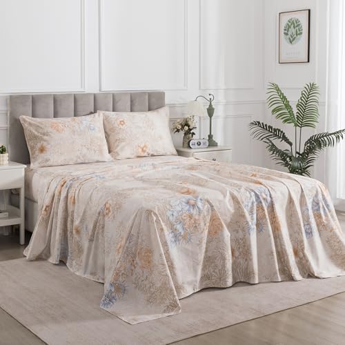 Image of Deep Pocket Percale Sheets Queen Size Beige Vintage Floral, 4Pcs | 100% Cotton Soft Crisp Farmhouse Sheet Set, Shabby Chic Flower Patterned Bed Sheets, Aesthetic Toile Bedding, Botanical Print