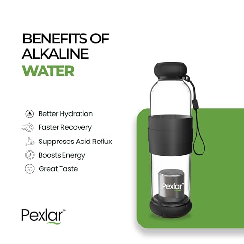 Image of Pexlar Alkaline Water Filter Bottle | Borosilicate Glass | Alkaline Water Generator | Filter Water Bottle | Water Bottle with Filter inside - Black - 500 ml