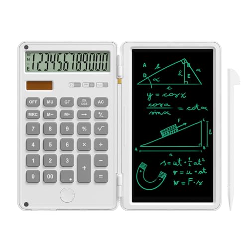 DPEDUAI Calculator with Writing Pad,12-Digit LCD Display, Dual Power Solar + Coin Cell,1-Yr Battery Life Silicone Keys for Comfort Lightweight Portable for Students/Engineers/Professionals (White)