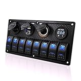 8 Gang Waterproof Rocker Switch Panel - 12V/24V Digital Voltage Display, 5V Dual USB Slot Power Socket DC, Blue Light LED with Fuse, and Cigarette Lighter Plug, Perfect for Boat Car Marine