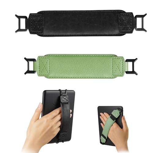 Soft Hand Strap for eBook Readers & Accessories, Secure Finger Grip Holder for 6-11 Inch Tablets and eReaders, Comfortable One-Handed Reading, Includes 2 Leather Straps in Green and Black
