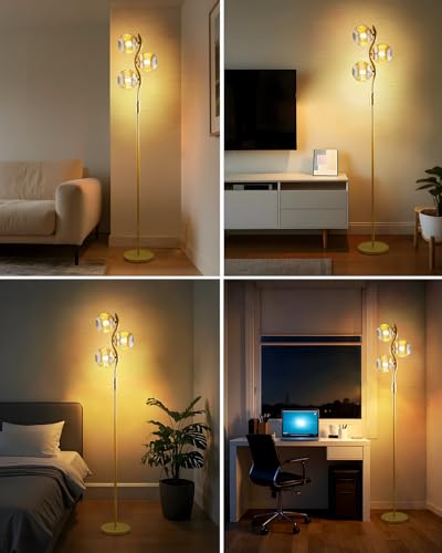 Image of Lightdot 60IN Dimmable Gold Floor Lamp with Glass Globe Mid Century Standing Lamps with 3Pcs 3000K Bulbs Included Modern Tall Lamp with 5Lbs Heavy Iron Base for Bedroom /Sofa Beside /Corner Decor