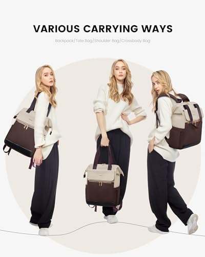 Image of LOVEVOOK Laptop Backpack for Women, 15.6 Inch Work Laptop Bag with USB Port, Fashion Teacher Nurse Backpack Purse, Waterproof Travel Computer Backpack with Organizer Bag, 2PCS, Apricot-Coffee