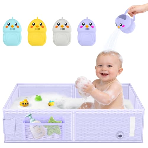 Collapsible Baby Bathtub, Foldable Toddler Bath Tub with Chick Pattern Bath Rinse Cup, No Assembly Portable Travel Bathtub for 6M-5Y, Ideal for Shower, Travel Essentials &amp; Baby Registry Gift
