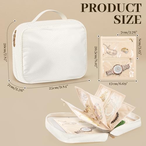 Travel Jewelry Organizer, Jewelry Storage Case Box with 6 Transparent Portable Clear Zipper Velvet Pouches for Earrings, Necklaces, Rings, Bracelets, Traveling, Gifts for Women (Beige)3