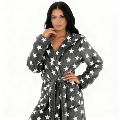 Brandsseller Albornoz Mujer con Capucha L/XL – Suave Batin de Microfibra con Estrellas – Certificado Oeko-Tex – Ideal para Casa, Spa o Bienestar – Gris/Blanco - imagen 9