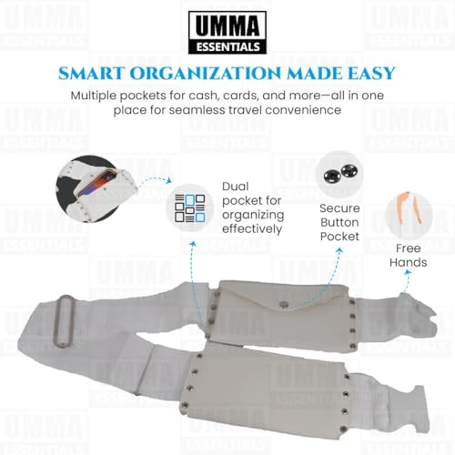 Top-Selling Ahram Ihram Belt for Hajj & Umrah – Free Size Adjustable, Anti-Theft with Button Pockets & Phone Holder, Fits Up to 51” Waist, White3