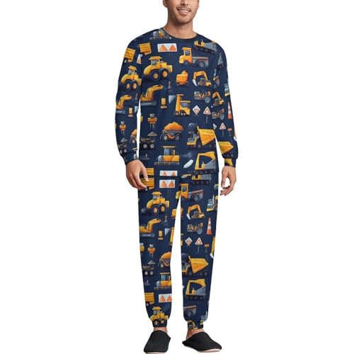TZTTZT Herren-Pyjama-Set mit Bagger-Roadblock-Dozer-Druck, weiche Loungewear-Pyjama-Set, langärmelig, Herren-Nachtwäsche mit Taschen, Mehrfarbig,...