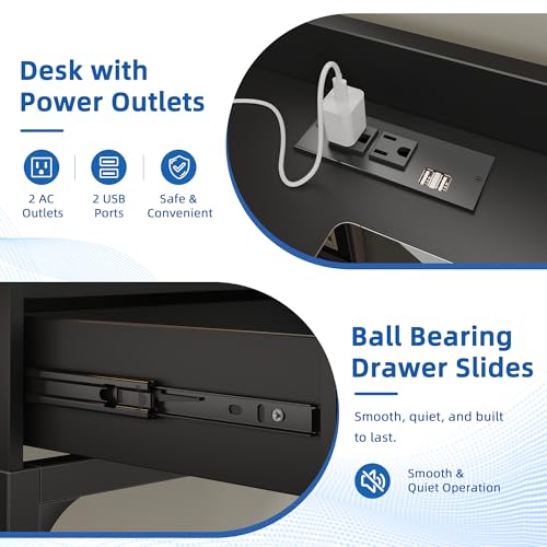 Image of HIGDBFE Small Desk with 2 Drawers & Charging Station, 39.4 inch, Black