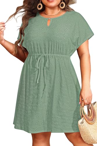 Pinup Fashion Plus Size Beach Cover-Up Swimwear Green Bathing Suit Cover Up Eyelet Casual Swim Coverup 14W