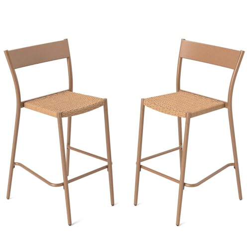 Costway Patio Barstools Set of 2, Outdoor Bar Height Chairs w/Rattan Seat, Metal Backrest & Legs, 160 kg Max Load, Metal Frame Stackable Wicker Barstools for Backyard, Porch