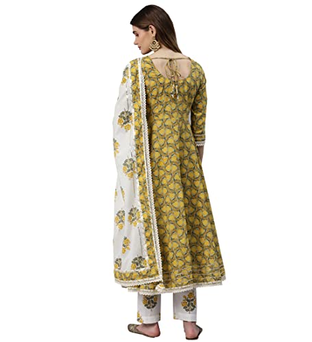 Image of Divena Mustard Cotton Anarkali Kurta Pant Set With Dupatta