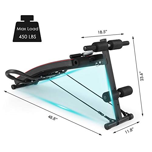 OKVAC Multi-Functional Sit Up Bench, Decline Press Bench, Foldable Slant Bench,W/4 Adjustable Height, Handlebar, Spring, Elastic Rope,for Home Gym Abdominal Fitness Exercises Workout, Max Load 450LBS