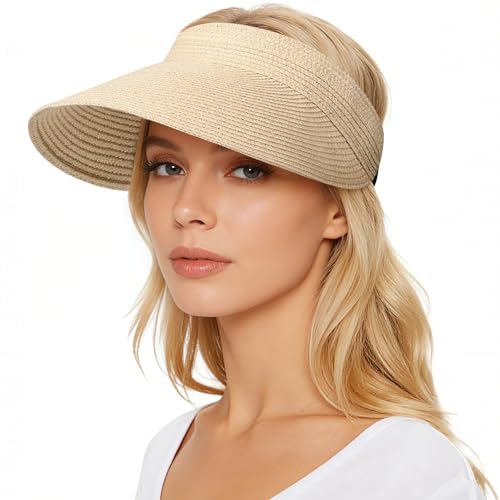 YEAMLTE Sonnenschild Damen Strand Kappe für Damen Visor Cap Damen Sonnenschild für Outdoor Stroh-Sonnenblende Verpackbare Klappbare Pferdeschwanz Sommerhüte Perfekt für Den Sommerurlaub (beige)